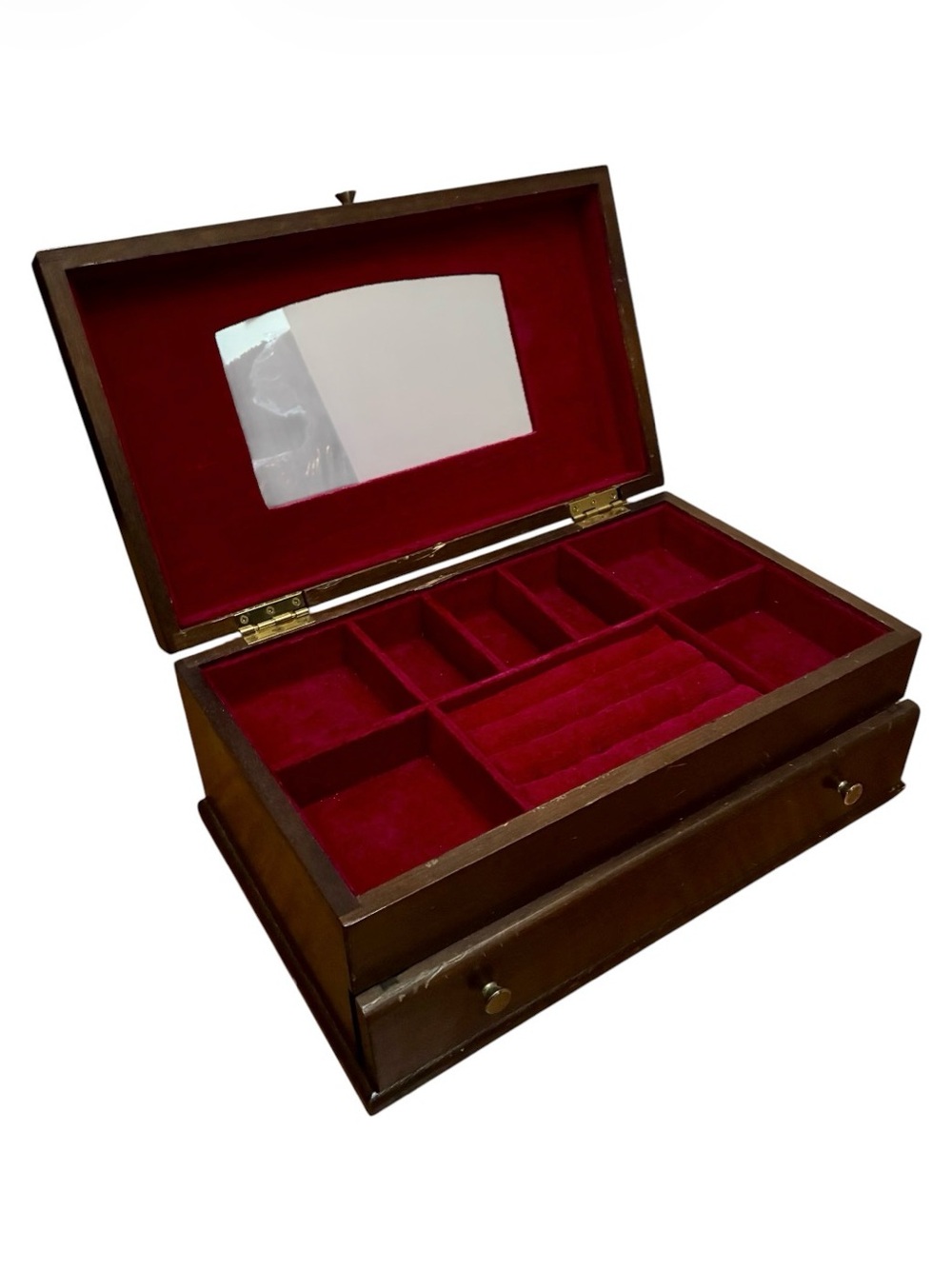 Vintage Solid Wood Jewelry Box Japan Gorgeous Red Velvet Drawer and Mirror